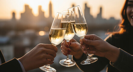Celebrate golden moments with friends as clinking champagne glasses sparkle against the sunset city skyline, the ultimate symbol of success and joyful connection at sunset