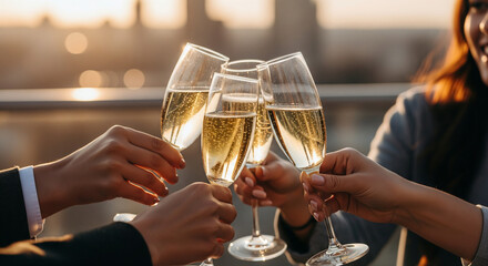 Celebrate success with sparkling champagne cheers at sunset rooftop party, a moment of pure joy and connection with friends, perfect for ads, invitations, and social media posts