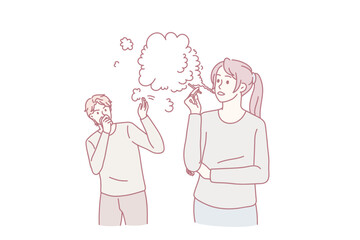 Woman smoking cigarette effect man passerby walking near. Male passive smoker cough because of female with tobacco. Unhealthy bad habit, air pollution concept. Flat vector illustration.