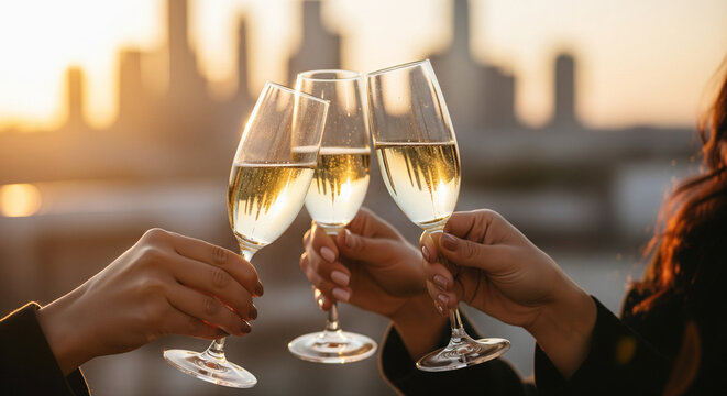 Celebrate success with a champagne toast against a stunning cityscape sunset, perfect for corporate events, milestone achievements, or sophisticated social gatherings, creating memories