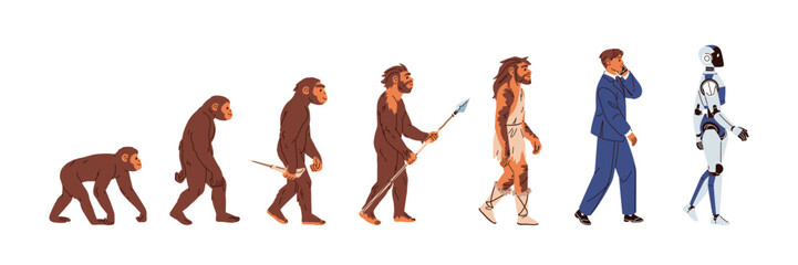 Human evolution process set. Ancient man evolves from monkey to caveman and to modern person. Darwin's theory. Stages of humanity development. Flat isolated vector illustrations on white background © Paper Trident