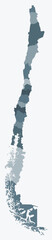 Map of Chile with regions. Just a simple country border map with region division. Blue grey color palette. Plain Republic of Chile shape with administrative division. Vector illustration.