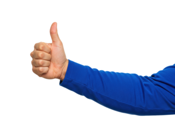 Isolated thumbs up gesture with hand in blue sleeve giving success approval sign