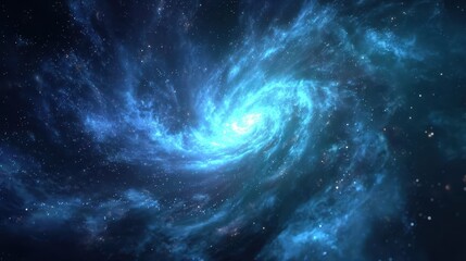 Fototapeta premium Swirling galaxy in deep space with bright stars and cosmic clouds illuminated by glowing blue light