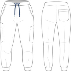 Technical fashion sketch, jogger pants front back view, cargo pockets, elastic waistband, garment construction, apparel design, vector illustration, silhouette