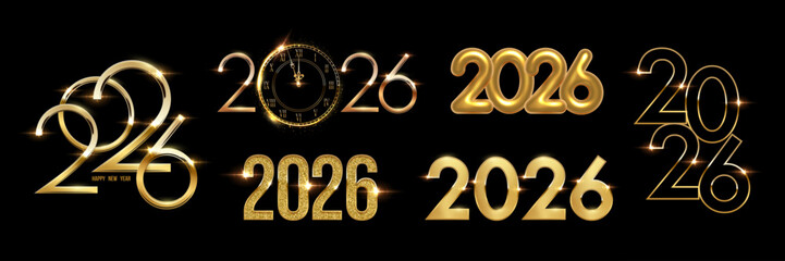 2026 Happy New Year greeting cards set. Gold glowing numbers 2026 with light effects on black. Luxury festive sparkle holiday postcard, invitation, banner, poster. Vector illustration.