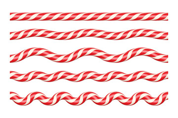 Red and white candy cane ropes in various wave patterns. Festive twisted lines with increasing curvature for Christmas borders, dividers, decorative holiday designs. Realistic vector illustrations