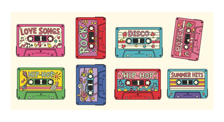 Collection of colorful retro cassette tapes with different music genres