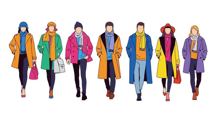 Diverse Group of People in Stylish Coats, Fashion Illustration