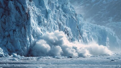 Obraz premium A colossal blue glacier wall calving into the ocean, sending a surge of ice and spray as chunks break away. Concept Glacier calving, Blue ice wall, Arctic seascape, Ice spray, Ocean surge