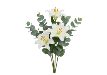 Isolated bouquet of white lilies with eucalyptus foliage, floral decoration element