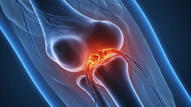 Close up of a knee joint with inflamed ligaments and tendons highlighted in red.