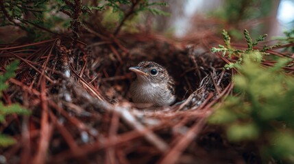 Young bird resting in a cozy nest surrounded by pine needles in a forest during daytime