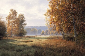 Obraz premium Fall's serenade: morning light on an autumn meadow. Commercial image. Autumn's mystic dance: meadow bathed in morning light and fog. Professional look. Visual identity.