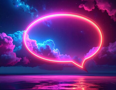 A bright neon speech bubble floats over a reflective, starry night sky - Powered by Adobe