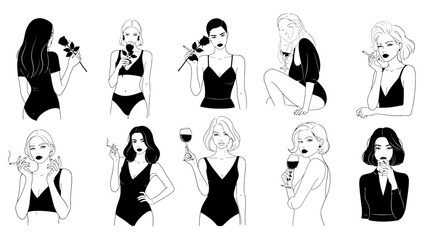 Line Art of Women with Flowers and Wine Elegant Figures