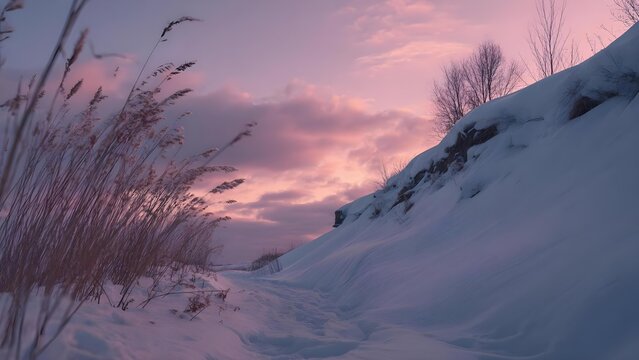 Snowy hillside path between tall grasses on the left and bare trees on the right, under a pink-purple sunset. Concept Snowy hillside path, Tall grasses on the left, Bare trees on the right