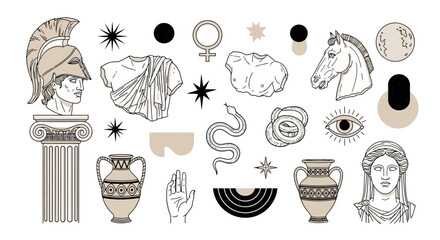 Collection of Greek Mythology-Inspired Line Art Illustrations with Ancient Elements