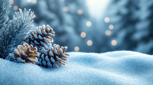 Winter Nature background with pine cones and snowy forest, copy space. Christmas and New Year Background