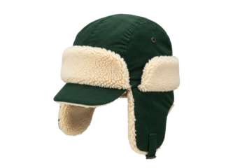 Isolated green corduroy winter hat with faux fur lining, warm winter fashion accessory