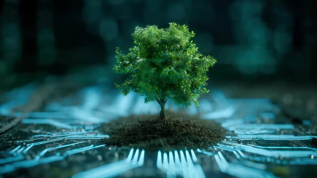 Tree with soil growing on the converging point of computer circuit board. Blue light and wireframe network background. Green Computing, Green Technology, Green IT, csr, and IT ethics Concept
