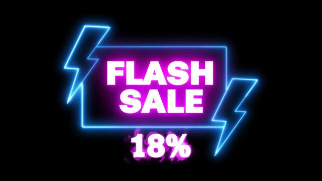 18 percent off 4k animated banner on trans parent alpha background, glowing neon flash sale text blinking - Powered by Adobe