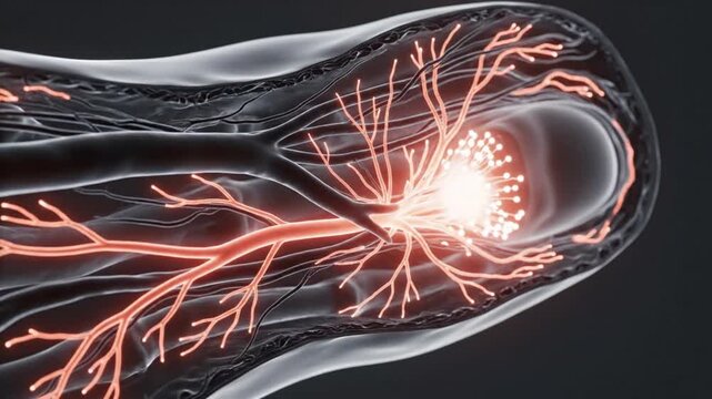 Close up of a neuron firing with electrical impulses and synapses connecting.