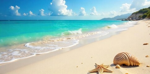 Obraz premium Tranquil Turquoise Waves Gently Kissing a Pristine Sandy Beach, Seashells Scattered Along the Shore Idyllic Coastal Paradise