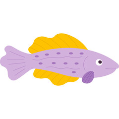 Purple cartoon fish with yellow fin and dotted pattern on a transparent background