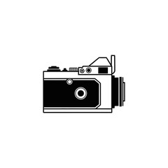 Classic vintage film camera with black lens and white background, old photography equipment