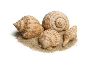 Seashell arranging on a small pile of sand, showing spiral and ridged patterns, transparent background