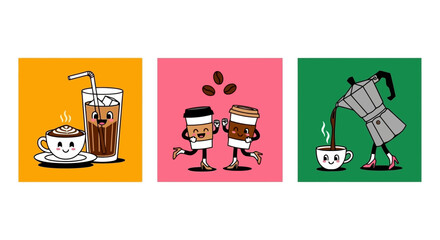 Cartoon Coffee Cup Characters Illustrating Morning Beverage Preparation and Consumption