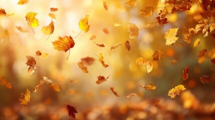 Colorful autumn leaves falling gently in a serene forest during sunset