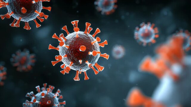 bunch of viruses are floating in the air. The viruses are brown and have a fuzzy appearance, Group of virus cells. 3D illustration, Coronavirus cells