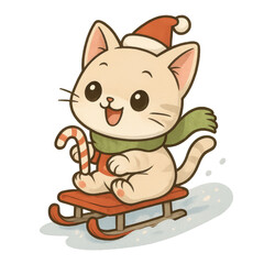 Christmas anime cat on sled wearing Santa hat. Isolated on transparent background