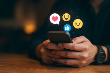 A close-up shot of a person holding a smartphone in both hands, sitting at a wooden table, with glowing social media reaction icons (heart, smile, like, wow, sad) floating above the phone screen. Warm
