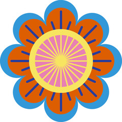 Colorful Geometric Flower Illustration With Orange Blue Yellow Pink Petals and Radial Spokes Against Transparent Background