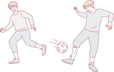 Smiling boy with prosthesis leg play football with friend in yard. Happy kid have fun engaged in ball game activity. Healthcare and equality concept. Flat vector illustration.