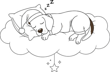 Sleeping dog on cloud, cartoon bedtime scene, dreamy pet illustration, nightcap pajamas, peaceful sleep, cute animal art, whimsical vector