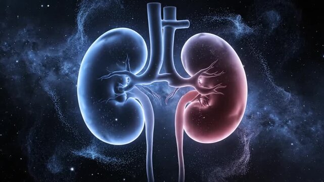 Blue and Red Human Kidney Anatomical Model Floating in Starry Space Background Anatomy of Renal System Diagnostic and Urology Medical Visualization for Education and Healthcare Promotion
