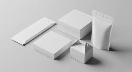 Obraz premium White packaging mockup, including a snack bar, two square boxes, a gable box, and a stand-up pouch on a neutral gray background, showcasing clean design and versatile use.