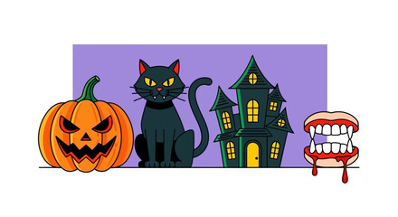 Halloween Night Spooky Pumpkin, Black Cat, Haunted House, and Vampire Teeth