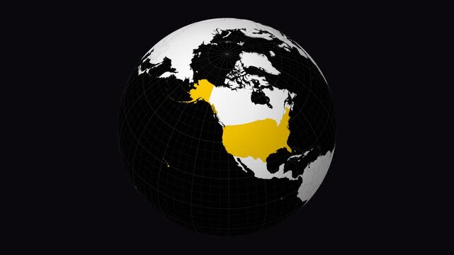 United States map. Animated zoom into the country on the Globe in Black White color palette. Country logo animation. Map with meridians, parallels. Vibrant video.