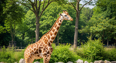 Giraffe stands tall, showcasing its patterned neck against a backdrop of lush green trees and foliage, in a sun-drenched outdoor scene.