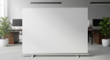 White blank roll-up banner stand in a modern office setting with blurred desks and computers in the background, providing ample space for customization and design.