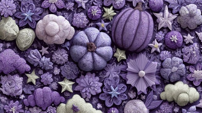 Premium papercut style: soft purple night, 3D-side candies, minimal star-cloud center, hi-res vector for beauty collab theme, phone lock-screen or festive packaging texture