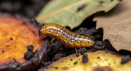 Yellow mealworm larva crawls over organic matter, showing detailed body segments, legs, and head in a close-up, macro shot, natural decomposer on the ground.