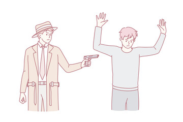 Police inspector catch criminal threaten with gun for illegal conduct. Spy or detective arrest thief with handgun. Policeman or cop working. Law and order concept. Flat vector illustration.