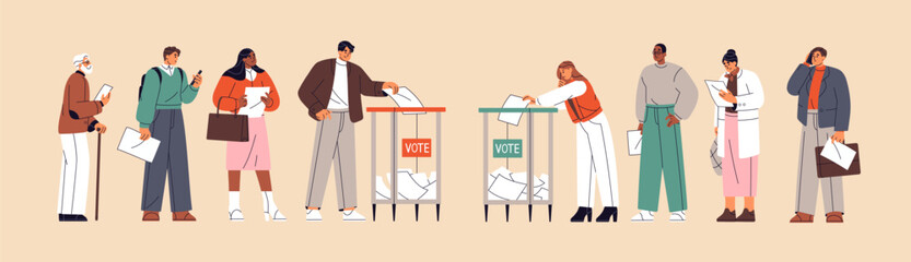 Diverse happy people in line vote. Voters in queue put ballot papers with political candidates into box. Men and women elect government. Social choice, democracy. Flat isolated vector illustration