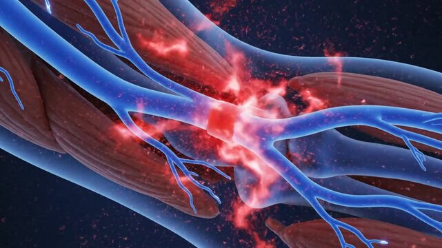 Close up of inflamed blood vessel in human arm with muscle tissue.